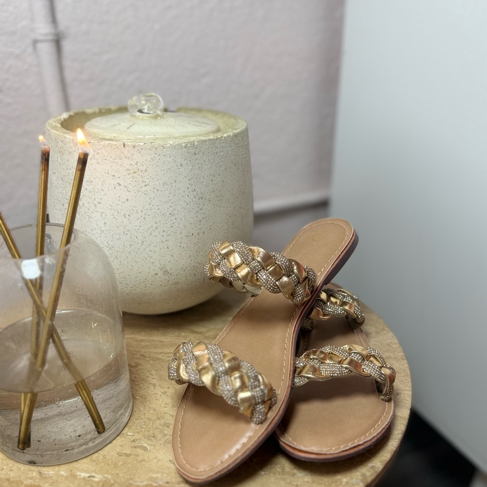 Call It Spring Tan and Gold Braided Sandals